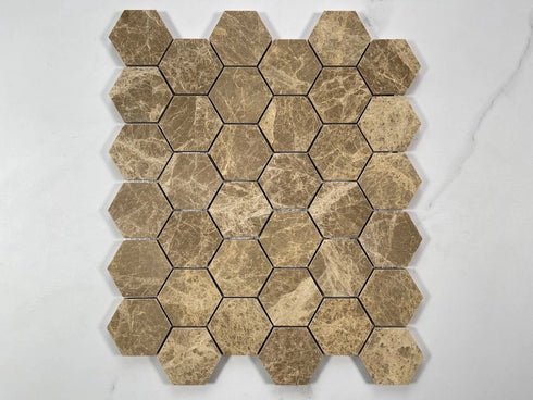 Emperador Light Marble 2 inch Hexagon Mosaic Tile Polished