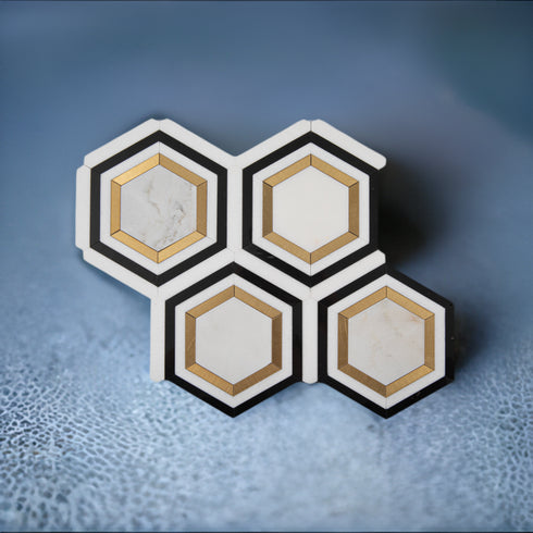 Calacatta Gold Marble Hexagon w/ Black & Brass - Polished Mosaic Tile