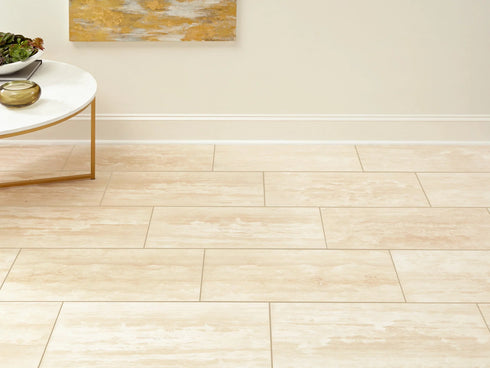 Ivory Travertine Vein Cut Filled & Polished Wall and Floor Tile 12x24"