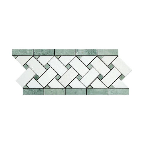 Luxurious Thassos White Marble Basketweave Border with Ming Green Dots