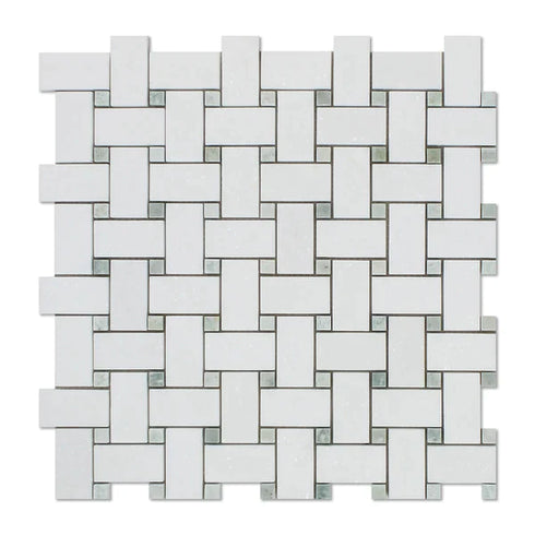 Thassos White Basketweave Mosaic w/ Ming Green Dots Polished