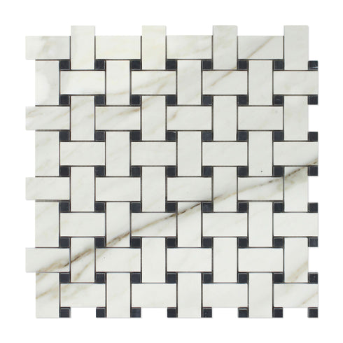 Calacatta Gold - Basketweave Mosaic w/ Black Dots Polished