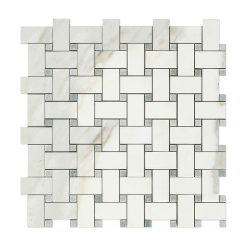 Calacatta Gold - Basketweave Mosaic w/ Blue-Gray Dots Polished