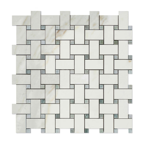 Calacatta Gold - Basketweave Mosaic w/ Ming Green Dots Polished