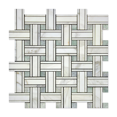 Calacatta Gold - Triple-Weave (w/ Ming-Green) Mosaic Polished