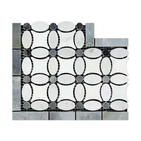 Carrara White - Florida Flower Border CORNER (Blue-Gray) Polished