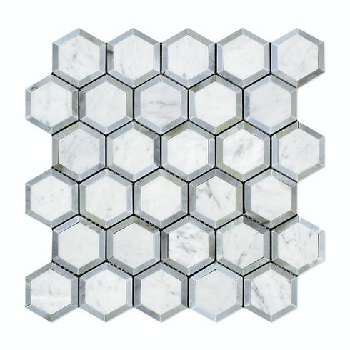 Carrara White 2" X 2" Vortex Hexagon (w/ Blue-Gray) Polished