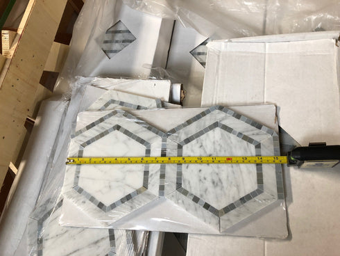 Carrara White 5" x 5" Hexagon Combination w/ Blue-Gray Polished