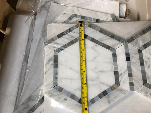 Carrara White 5" x 5" Hexagon Combination w/ Blue-Gray Polished