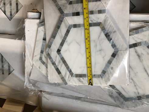 Carrara White 5" x 5" Hexagon Combination w/ Blue-Gray Polished