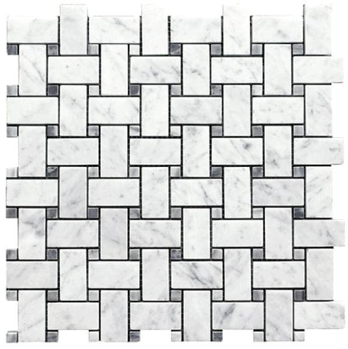 Carrara White - Basketweave Mosaic w/ Blue-Gray Dots Polished