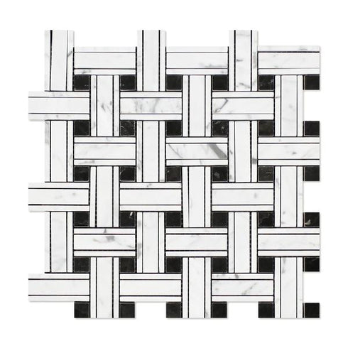 Carrara White - Triple-Weave (w/ Black) Mosaic Polished