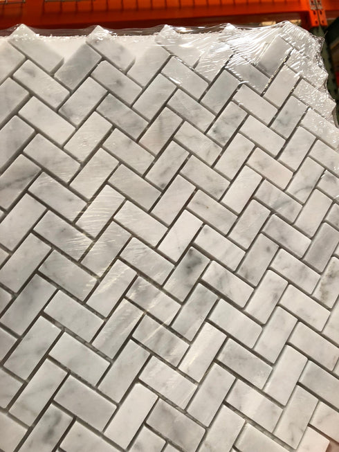 Carrara Italian Mini Herringbone Mosaic Backsplash and Wall Tile