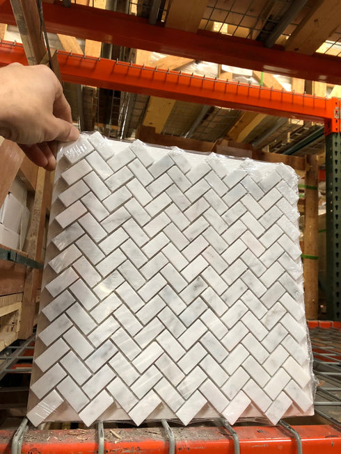 Carrara Italian Mini Herringbone Mosaic Backsplash and Wall Tile