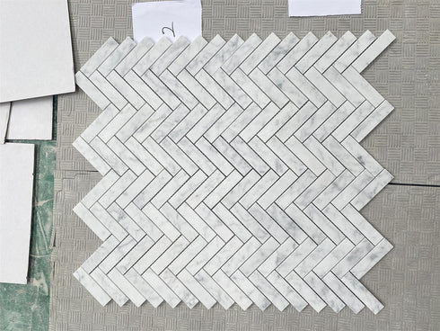 Carrara Italian Herringbone Mosaic Backsplash and Wall Tile 1x3"