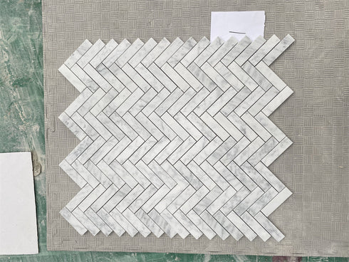 Carrara Italian Herringbone Mosaic Backsplash and Wall Tile 1x3"