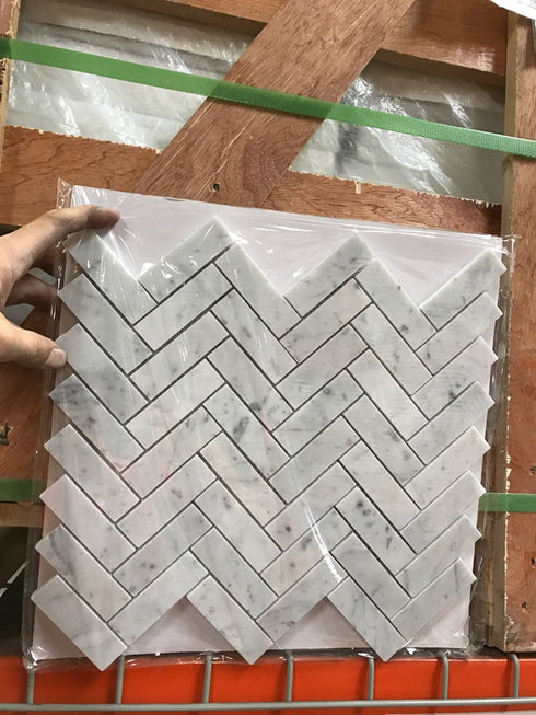 Carrara Italian Herringbone Mosaic Backsplash and Wall Tile 1x3"
