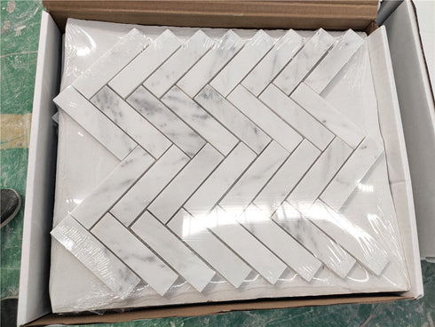 Carrara Italian Herringbone Mosaic Backsplash and Wall Tile 1x4"