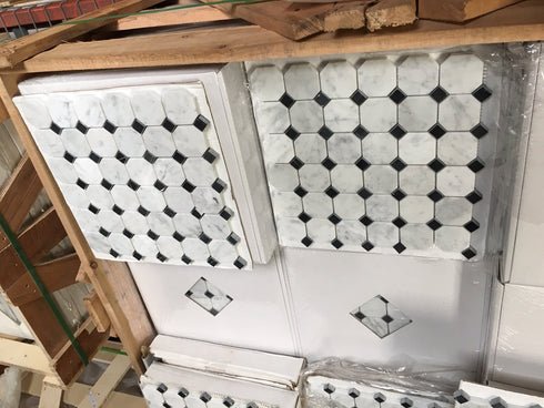 Carrara White Octagon Mosaic w/ Black Dots Polished