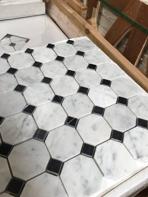 Carrara White Octagon Mosaic w/ Black Dots Polished