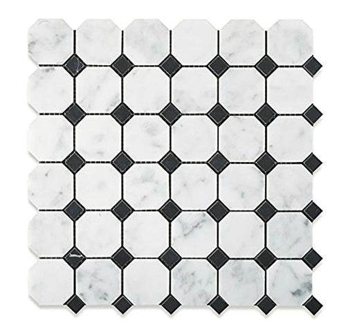 Carrara White Octagon Mosaic w/ Black Dots Polished