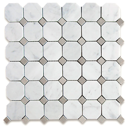 Carrara White Octagon Mosaic w/ Blue-Gray Dots Polished