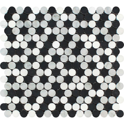 Carrara White Penny-Round Mosaic (Thassos + Black) Polished