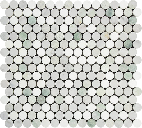 Carrara White Penny-Round Mosaic (Thassos + Blue) Polished