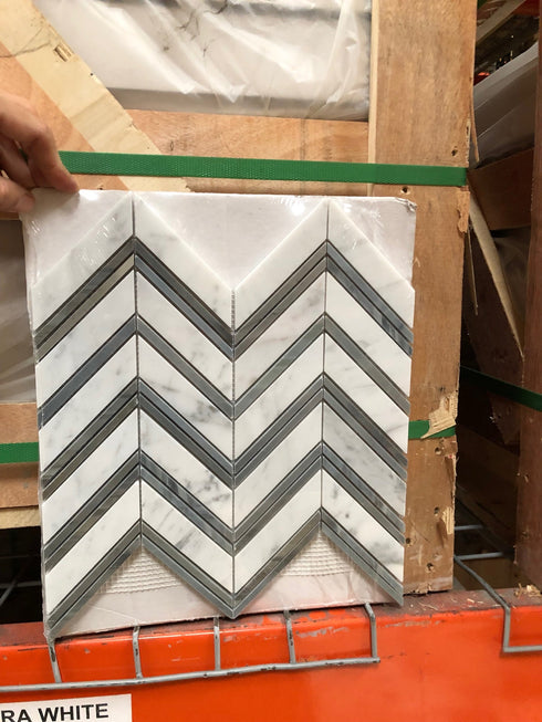 Carrara White Chevron - LARGE (Blue Strips) Mosaic Polished