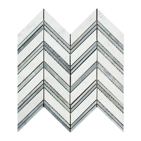 Carrara White Chevron - LARGE (Blue Strips) Mosaic Polished