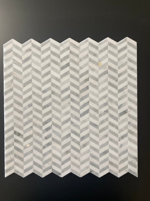 Carrara Mini Chevron w/ Blue - Grey Mosaic Tile