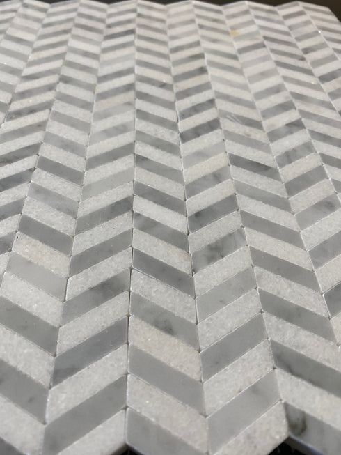 Carrara Mini Chevron w/ Blue - Grey Mosaic Tile