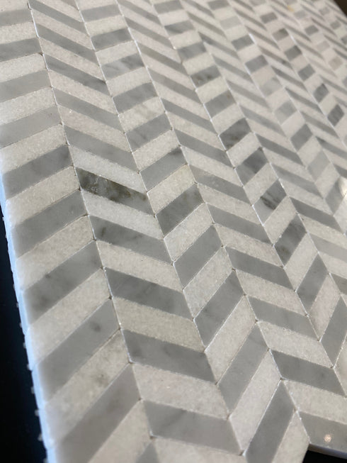 Carrara Mini Chevron w/ Blue - Grey Mosaic Tile