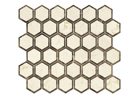 Crema Marfil Polished w/ Emp Dark Vortex Hexagon Mosaic Tile 2"