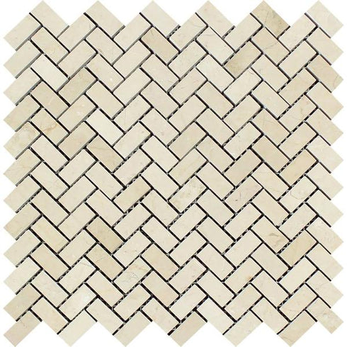 Crema Marfil Polished Mini Herringbone Mosaic Tile