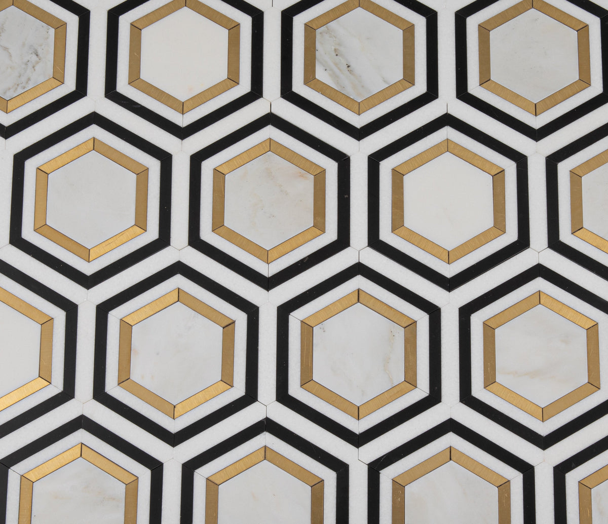 Calacatta Gold Marble Hexagon w/ Black & Brass - Polished Mosaic Tile ...
