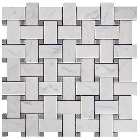 Carrara White - Basketweave Mosaic w/ Blue-Gray Dots Polished