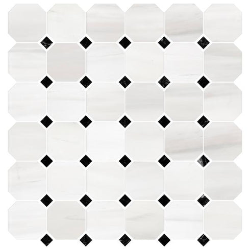 Bianco Dolomite Polished Octagon w/ Black Dots Mosaic Tile