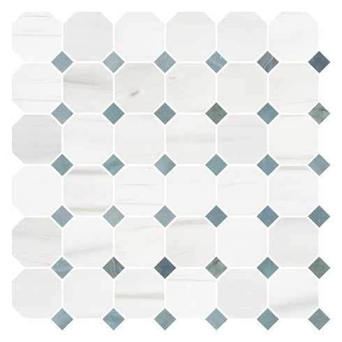 Bianco Dolomite Polished Octagon w/ Blue - Gray Dots Mosaic Tile