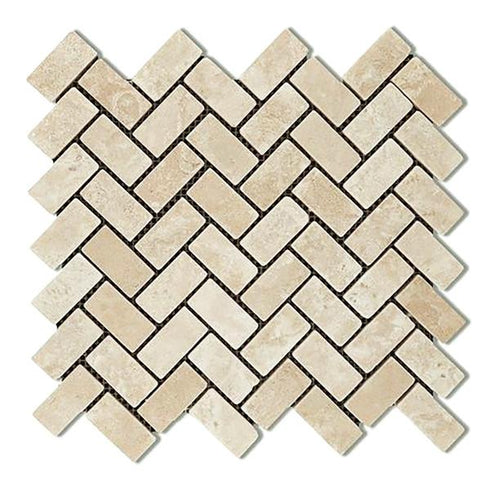 Durango Cream Tumbled Herringbone Mosaic Tile 1x2"