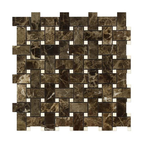 Emperador Dark Basketweave Mosaic w/ C. Marfil Dots Polished