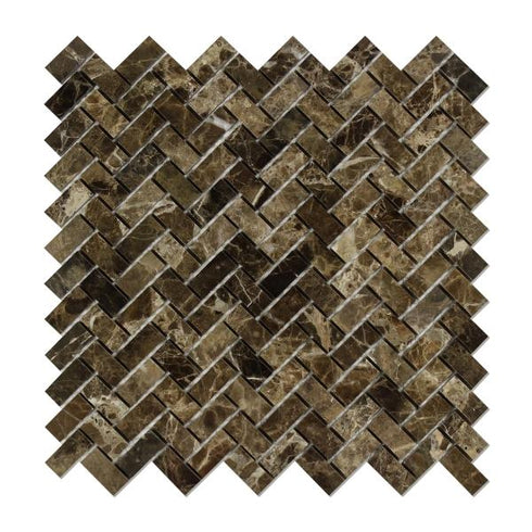 Emperador Dark Polished Mini Herringbone Mosaic Tile 5/8x1 1/4"