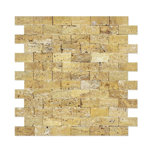 Gold Travertine Split Faced Brick Mosaic Wall Tile 1x2"