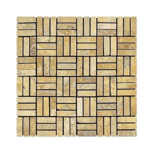 Gold Travertine Tumbled Triple Strip Mosaic Tile 5/8x2"