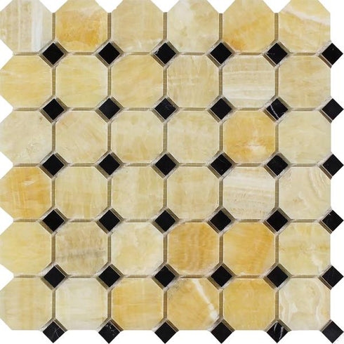Honey Onyx Polished Octagon w/ Black Dots Mosaic Tile
