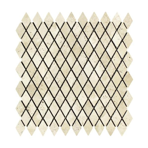 Ivory Travertine Tumbled Diamond Mosaic Tile 1x2"