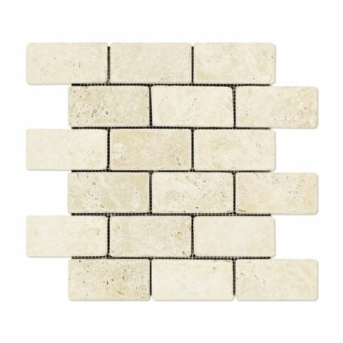 Ivory Travertine Tumbled Brick Mosaic Tile 2x4"