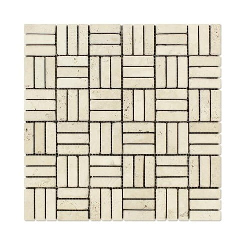 Ivory Travertine Tumbled Triple Strip Mosaic Tile 5/8x2"