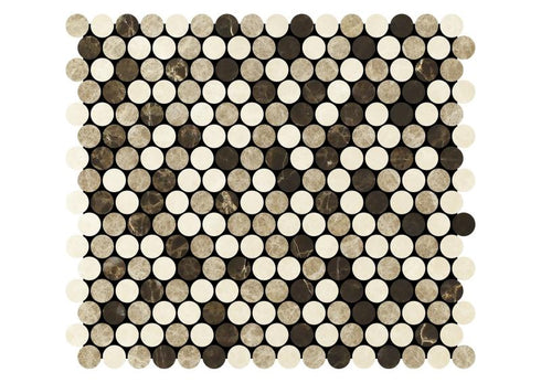 Noble White Cream Penny Round w/ Emp. Dark Mosaic Tile