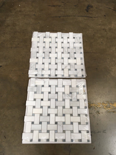 Oriental White Basketweave w/ Blue - Gray Dots Mosaic Tile